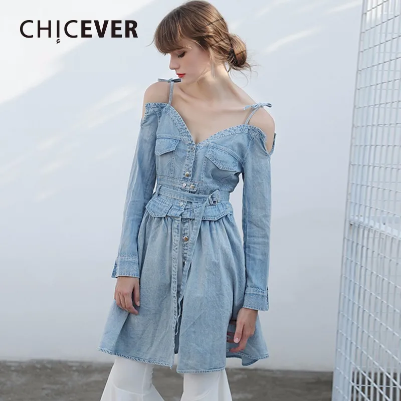 CHICEVER Сексуальная джинсовая с открытыми плечами платье женское длинным рукавом V