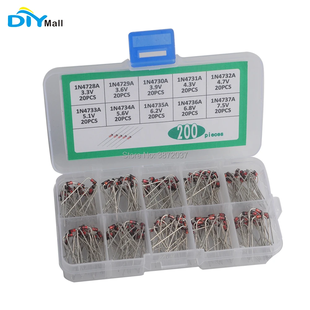 200PCS DIYamll Zener Diode Kit 10 Values 20pcs each value 1N4728A~1N4737A 1W | Электроника