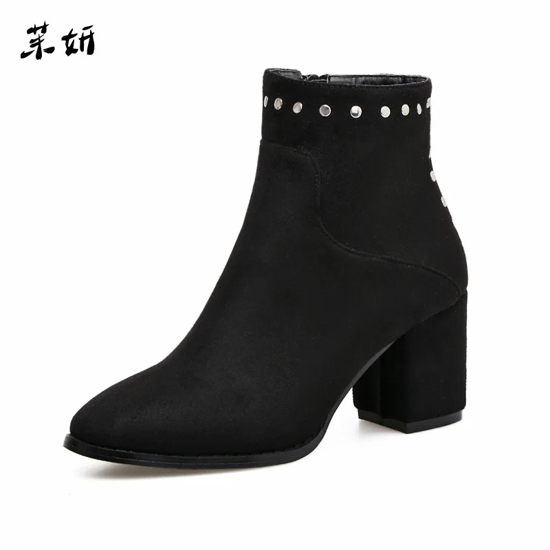 

Autumn Rivet Shoes Women Martin Pointed Toe Boots Women Slip On High Heel Flock Leather Fashion Women Causal Shoes New