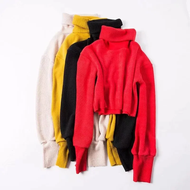 High Quality Autumn Winter Turtleneck Crop Tops Short Casual Basic Solid Sweater Women Long Sleeve Knitted Pullovers | Женская одежда