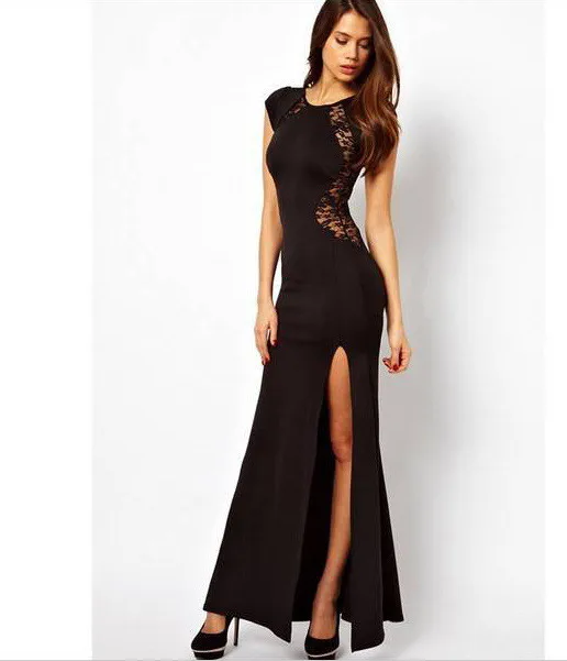 Sexy Women's Fashion Lace &amp Knitting Patchwork Back Waist Hollow Out Dresses Slim Side Slit Open Long Dress summer party | Женская
