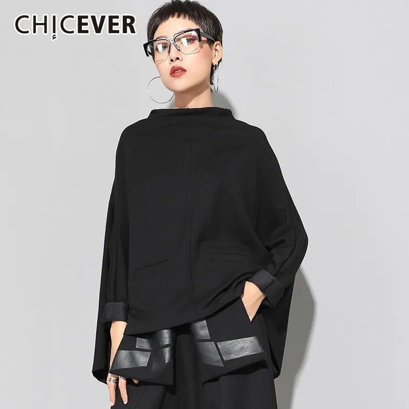 CHICEVER 2019 Осенние футболки для женщин со стоячим воротником рукав летучая мышь