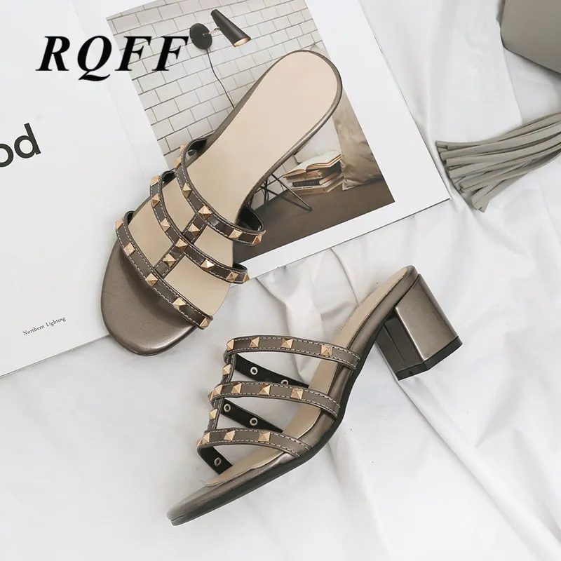 Шлепанцы для улицы размера плюс женские сандалии на квадратном каблуке с