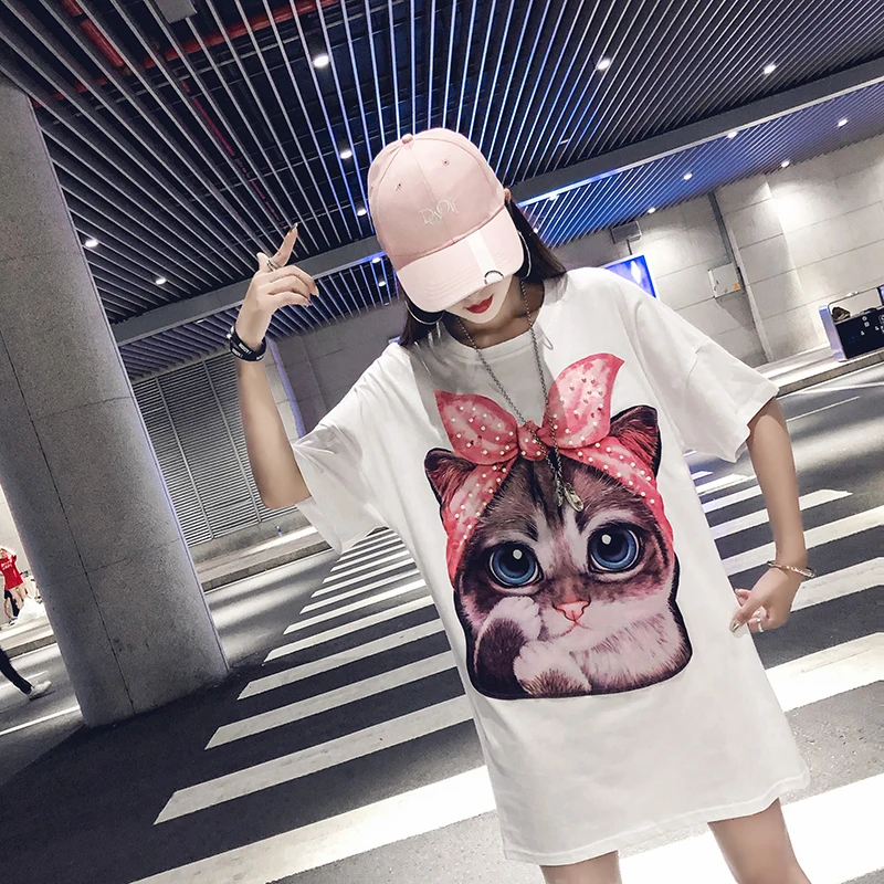 Women Loose Pearl Beading Short Sleeve Tee Shirt Funny T-shirt 3d Cat Print 2019 Plus Size T Fashion Casual Harajuku Tops | Женская