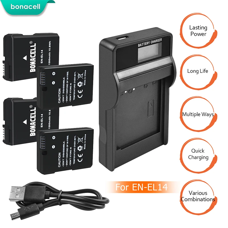 Bonacell EN EL14 ENEL14 4 шт. 1500 мАч аккумуляторная батарея Bateria + ЖК зарядное устройство для