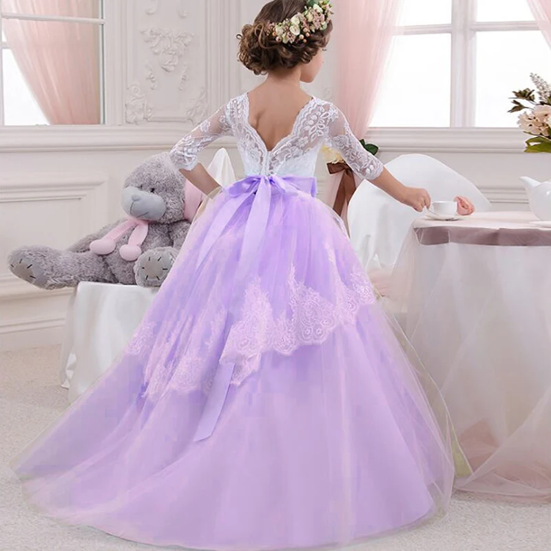 Backless Elegant Girls Dress For Weddings Girl Evening Long Lace Dresses Communion 2018 Pink Princess Pageant Party Gowns 6 14 Y | Детская