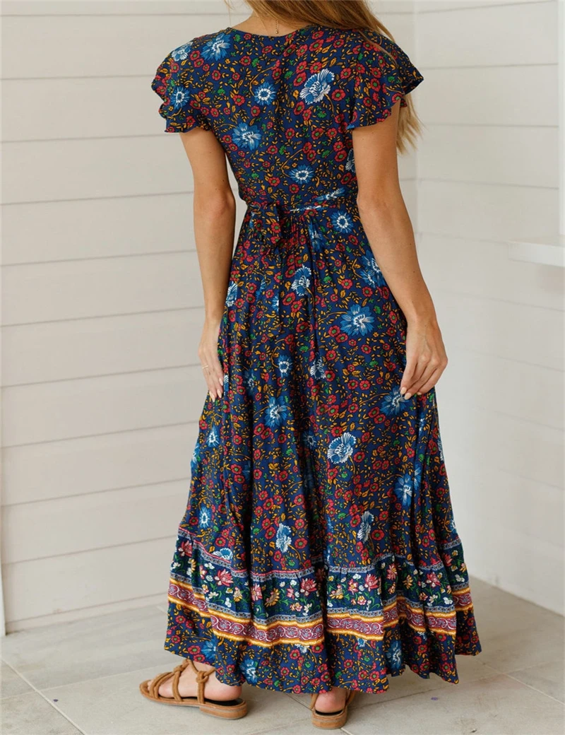 Женское длинное платье-макси с цветочным принтом вечернее пляжное платье