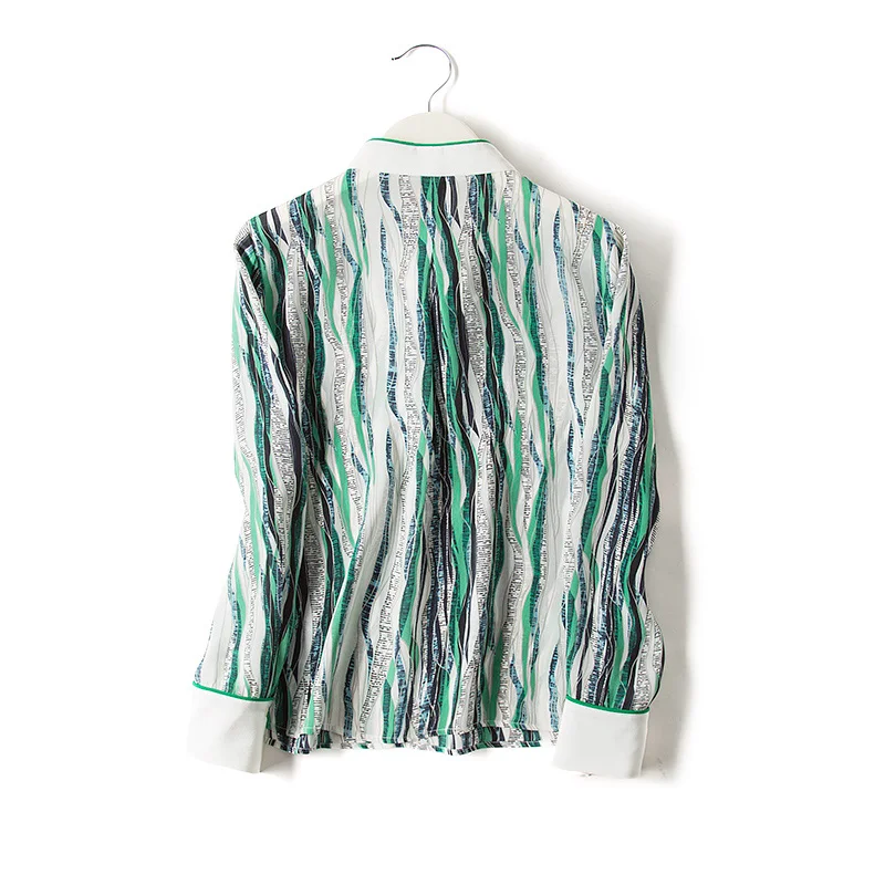 Женская шелковая блузка 100% натуральный шелк креп в полоску с принтом длинным