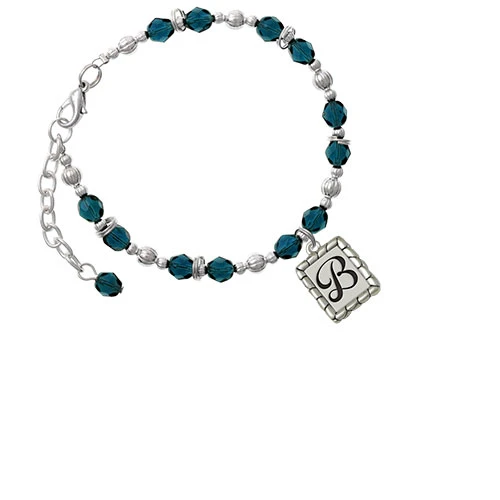 Silvertone Pebble Border Initial - B Navy Blue Beaded Bracelet |