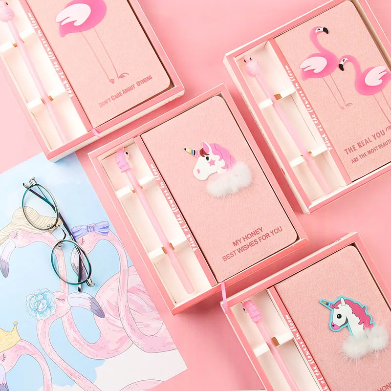 New Pink Flamingo Unicorn Notebook With Pen Stationery Writing Notes Set Office School Supplies Back To Girls Gifts | Канцтовары для