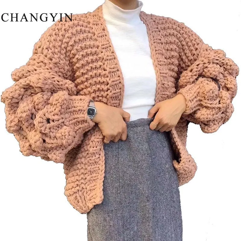 ChangYin Hollow Sweater Cardigan For Women Autumn Long Sleeve Knitted Loose Big Size Female Jumpers Open Stitch Casual Chunky |