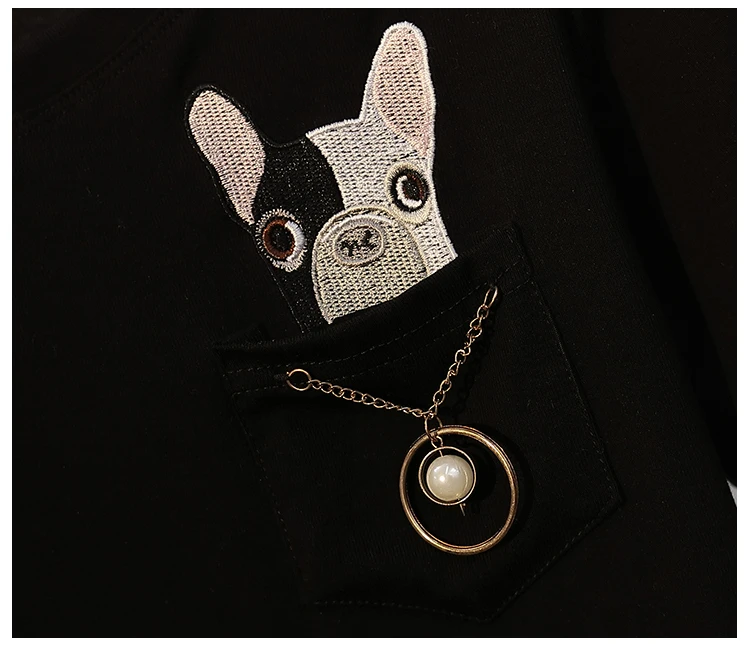 Лето 2019 г. для женщин костюмы мода собака мультфильм шаблон черная футболка Топ +