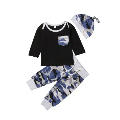 Cool boy Newborn Infant Toddler baby Autumn clothing set Camouflage Hoodie Sweatshirt Top Long Pants Hat kids Warm Clothes |