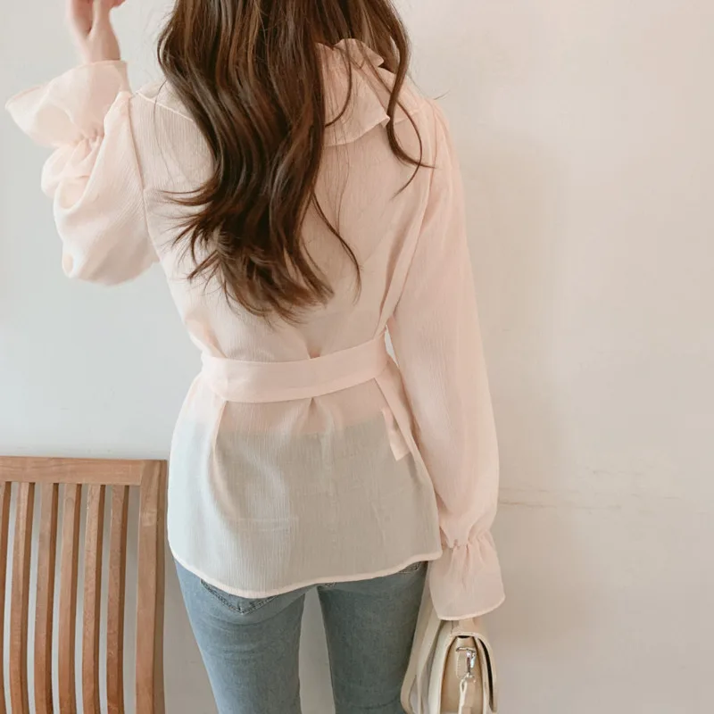EWQ 2019 Spring New Female Vintage Ruffles Chiffon Shirt Sweet Sunscreen Belt Slim Sexy V-neck Women Blouse Tops HD976 |