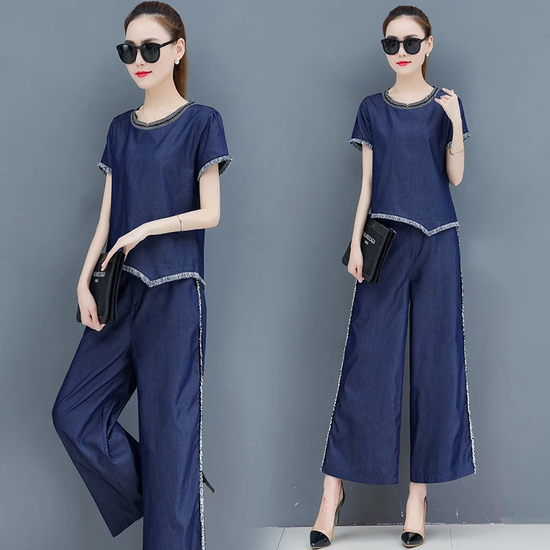 Женские повседневные джинсовые брюки комплект из 2 предметов: рубашка с круглым