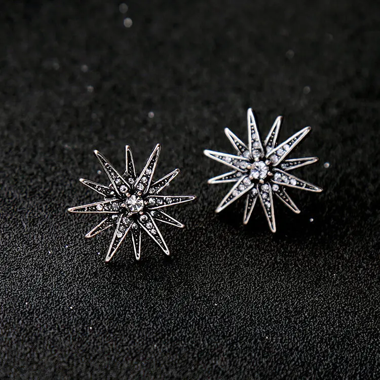 Vintage Radiant Double Star Earrings Motif Art Starburst Stud Earring Crystal Flower Wedding Jewelry | Украшения и аксессуары