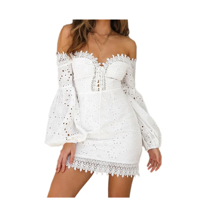 Sexy White Elegant Slash Neck Lace Dress Hollow Out Party Bodycon Women Lantern Sleeve Short Mini | Женская одежда