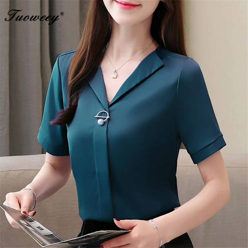 

2018 Hot Sale Women Shirts Blouses shrt Sleeve v-NECK Solid Ladies Chiffon Blouse Tops OL Office Style Chemise Femme