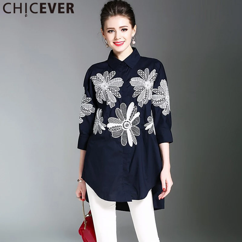 Chicever Вышивка Цветочные женские футболки для Для женщин топ три четверти рукав