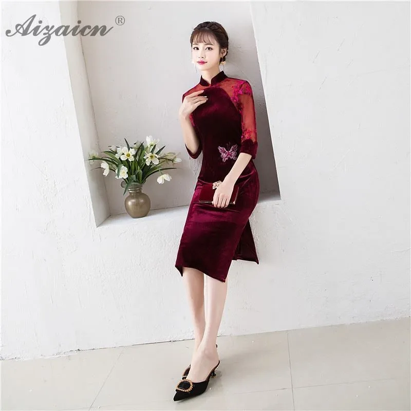 Женское бархатное платье Cheongsam темно-зеленое длинное с вышивкой традиционная