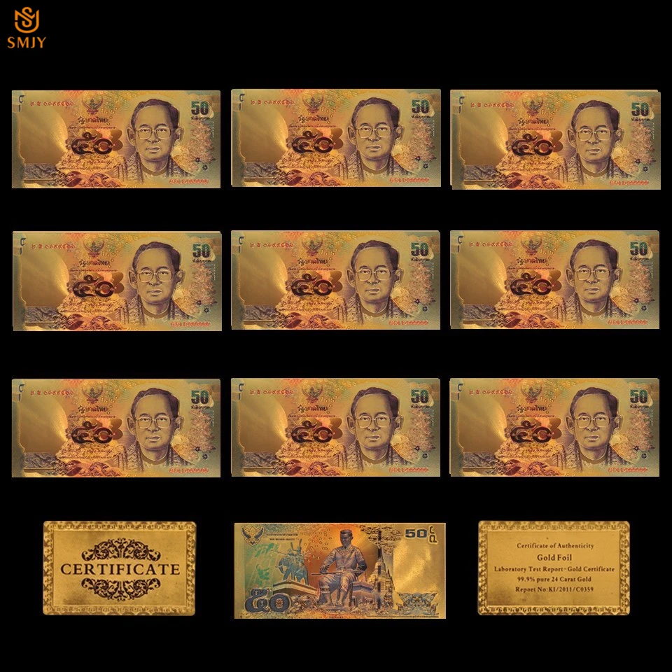 

10Pcs/Lot Colored Thai Banknote 50 Baht Money Bill Gold Banknote Collections For Home Decoration