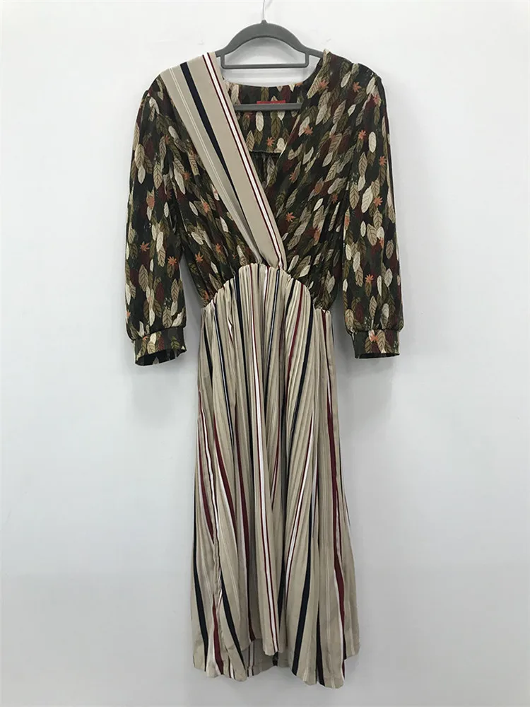vestidos stitching v-neck plait Autumn Women Vintage Printed Dress Long Sleeve V Neck Casual Chiffon A-line | Женская одежда