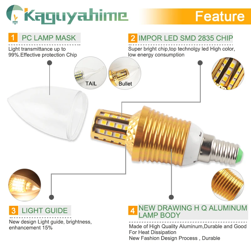 Kaguyahime светодиодный лампы в форме свечи E14 220V 5W 9W 12W Гостиная светодиодные