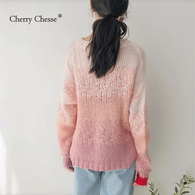Cherry Chesse Harajuku сладкий Для женщин вязаный свитер контраст с круглым вырезом