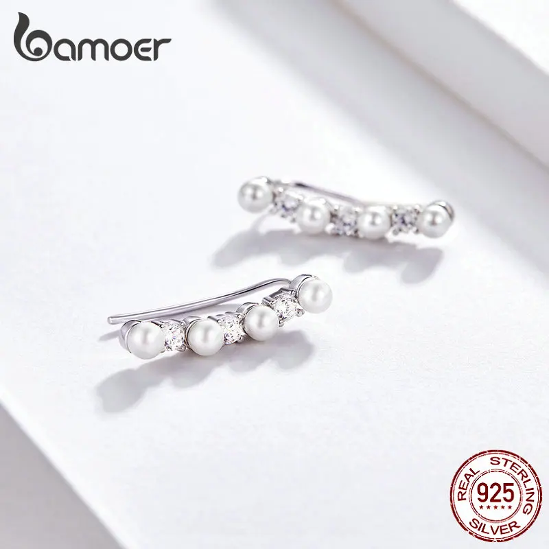 Женские длинные серьги-гвоздики BAMOER серебро белый жемчуг 925 пробы циркониевые