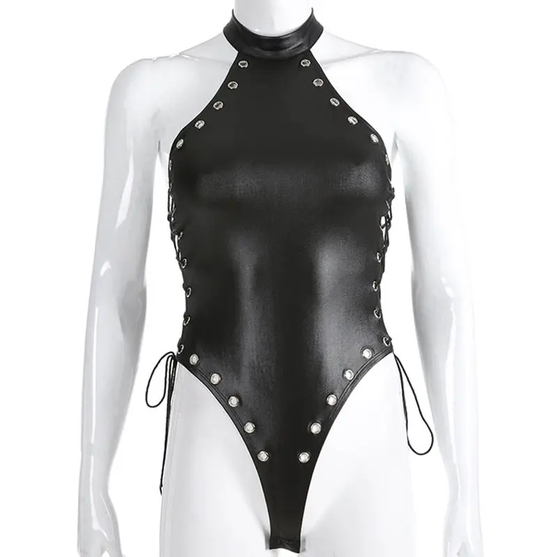 Women Bodysuits Casual Sexy Club Black Gothic Punk Slim Thin Solid Lace Up Backless High Street Jumpsuits Female Fashion Rompers | Женская