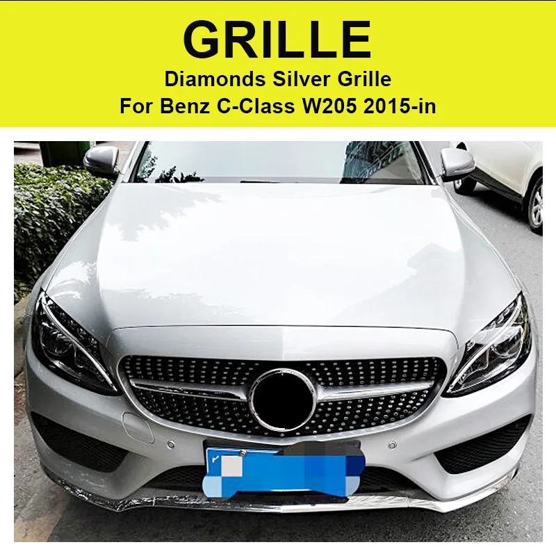 Подходит для W205 Diamond Grills Grill ABS Silver без знака c-класс спортивный C180 C200 C250 C300 C350