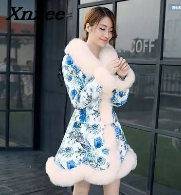 Women's fox fur coat Korean fashion printing long women's coat winter jacket warm cotton parkas Xnxee