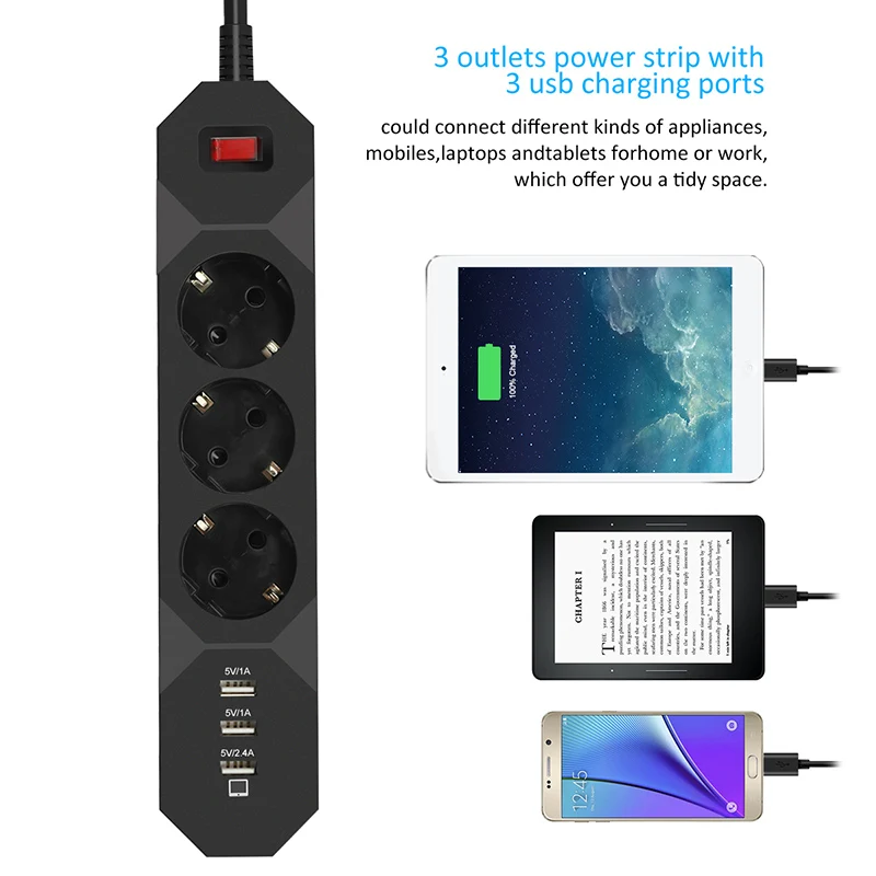 CLAITE Смарт USB Мощность полосы 5V 2.4A 3 Порты зарядка через адаптер переменного тока 250