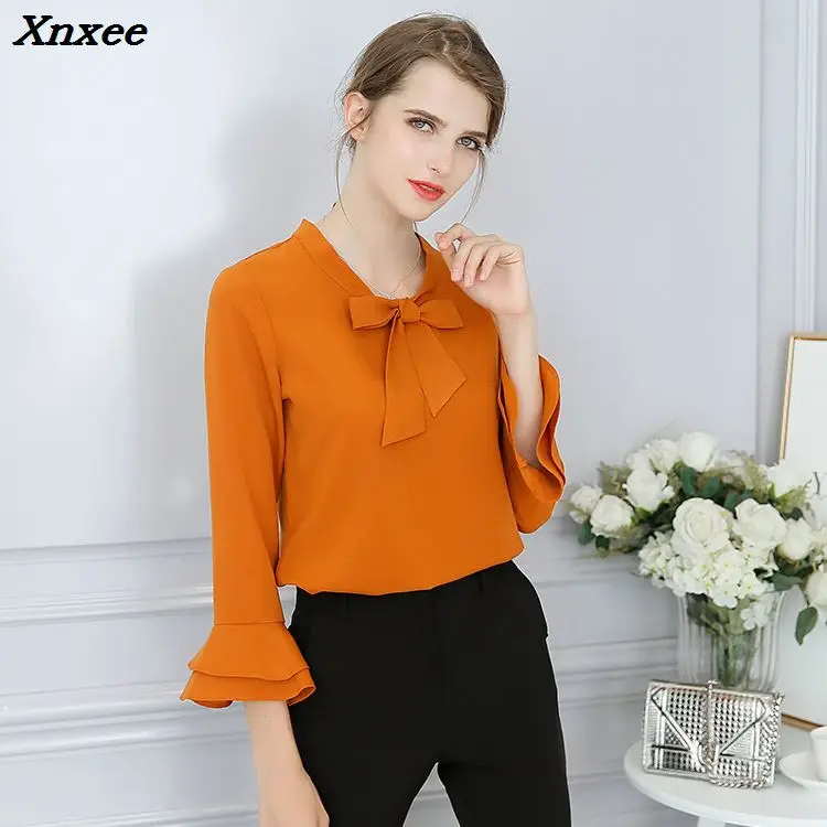 

Chiffon blouse women shirts plus size long sleeve elegant slim solid fashion casual loose shirt with bow women's tops clothing
