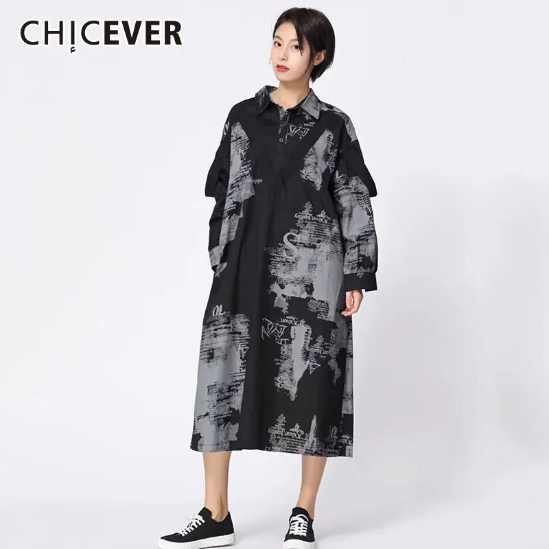 

CHICEVER Letter Print Women's Dresses Female Lapel Long Sleeve Loose Oversize Ribbons Hit Colors Midi Dress Fashion Clothes Tide