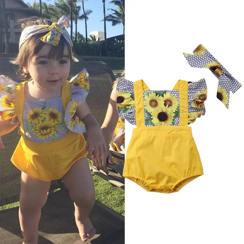 

Pudcoco Girl Jumpsuit 0-12M Newborn Infant Baby Girl Sunflower Romper Headband Outfits Clothes Set