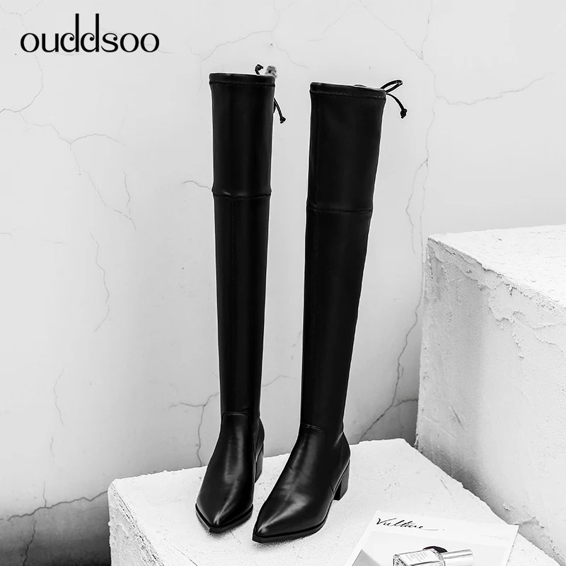 Ботфорты облегающие кожаные женские ботфорты стрейч на квадратном каблуке