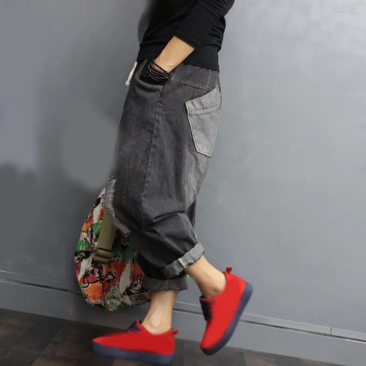 Женские боковые полосы крест брюки дамы Drawstring рваные джинсовые широкие ретро