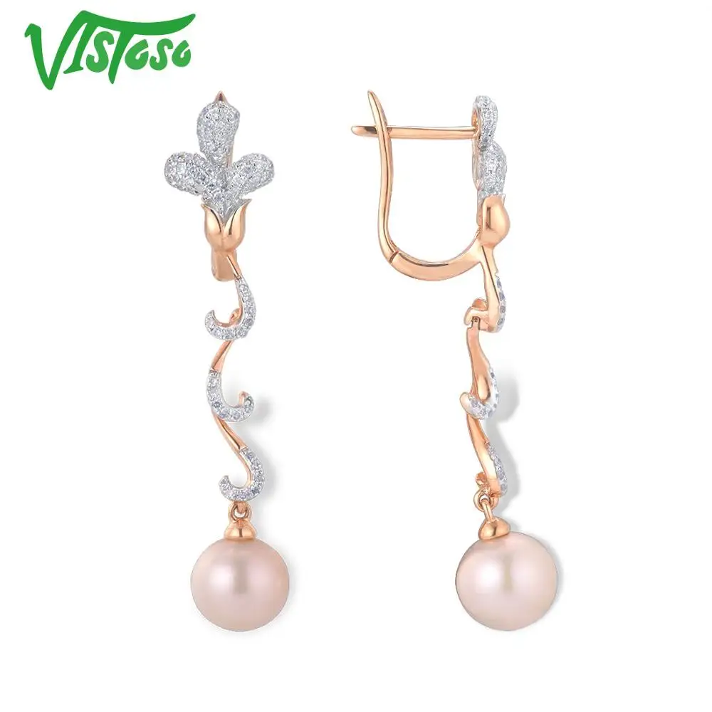 VISTOSO Pure 14K 585 розовое золото сверкающие бриллианты элегантные жемчужные серьги