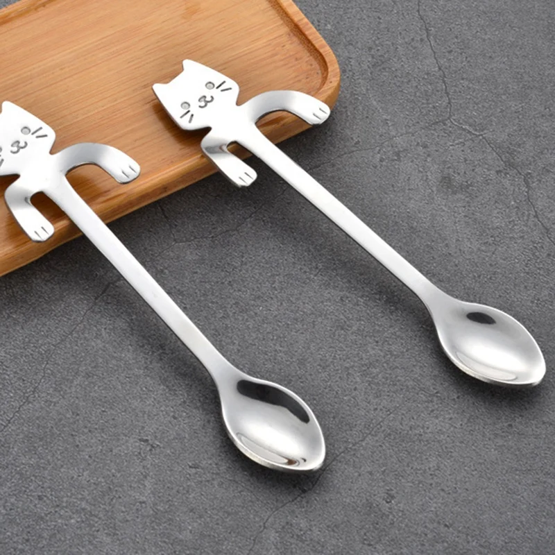New-3-Pcs Lovely Cat Long Handle Hanging Spoons Stainless Steel Ice Tea Coffee (7.8-Inch In Length) | Дом и сад