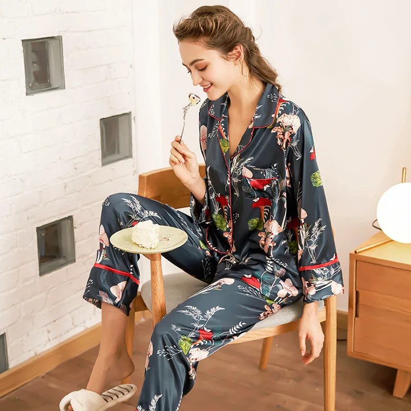 2019 pyjamas women Silk Pajamas Ms. Season Long-Sleeve Trousers Home Service Two Piece Set sleep &amp lounge pajama sets | Женская