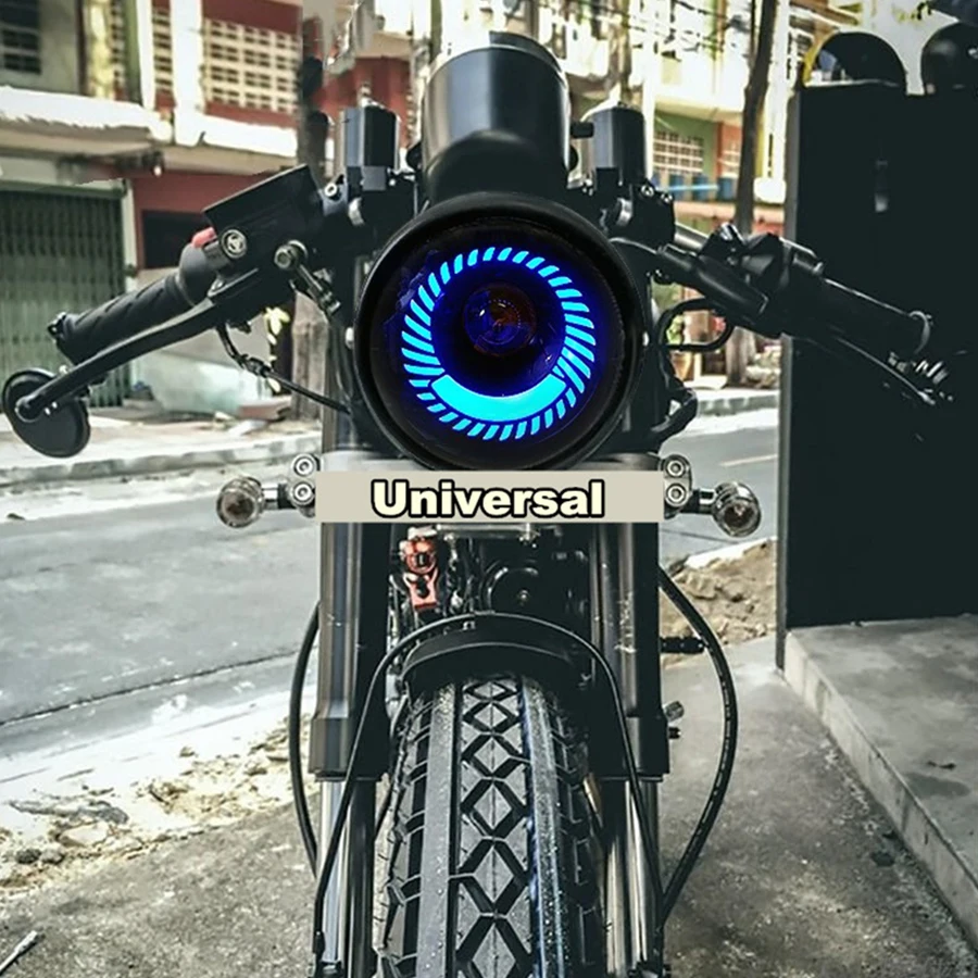 

Motorcycle LED Headlight High/Low Beams Blue Angel Eye Round Classic Metal 12-80V Universal