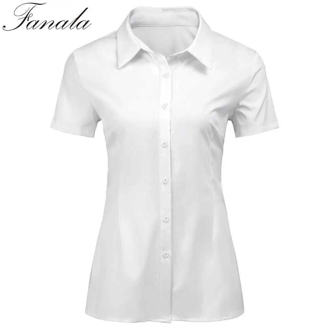 FANALA Women Chiffon Blouse Blusas Tailored Short Sleeve Button Down Solid Summer Notched Collared Office Shirt Shirts |
