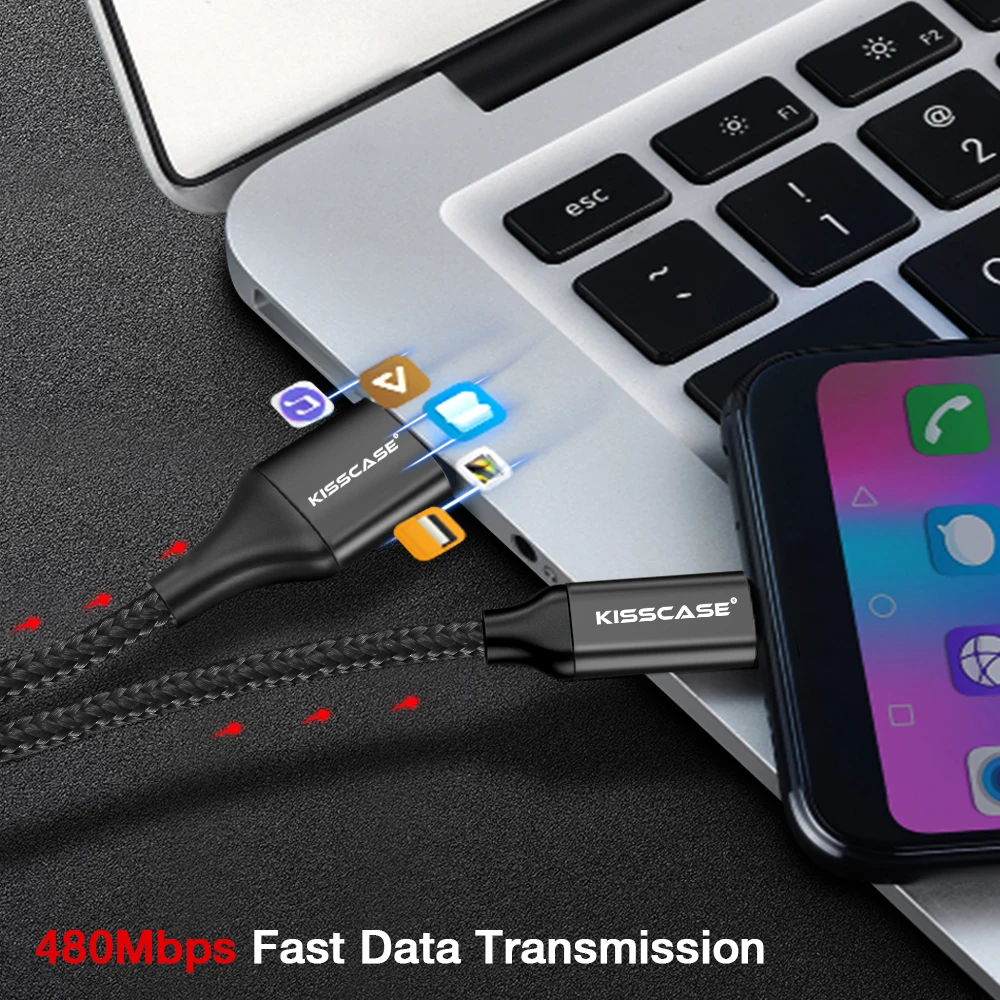 KISSCASE черный нейлоновый Плетеный телефонный кабель USB Type C для iPhone X 7 8 1 м 3A быстрой