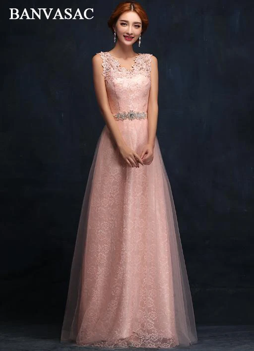 BANVASAC Elegant Sequined V Neck Lace Appliques A Line Long Evening Dresses Party Crystal Sash Backless Prom Gowns | Свадьбы и
