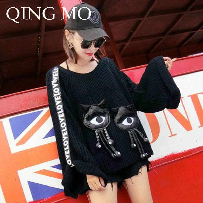 QING MO Women Big Eye Decorate Tassel Sweater 2018 Autumn Flare Sleeve Pullover Loose Letter Ribbon DQ005M | Женская одежда