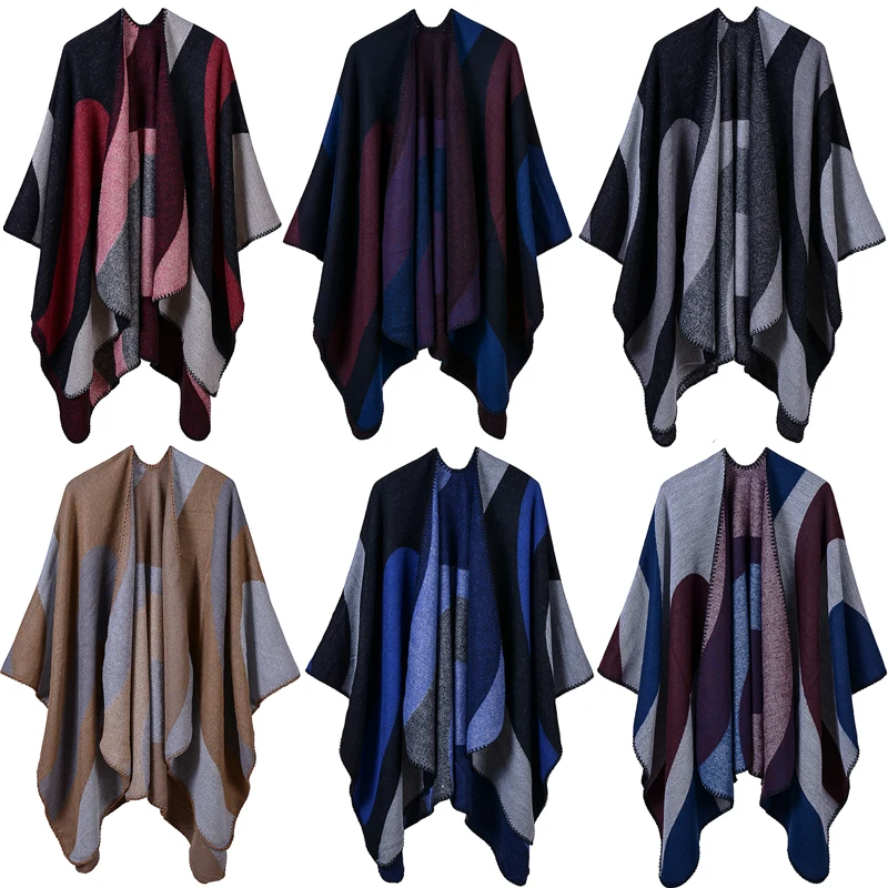 

Casual Women Autumn Winter Poncho Geometric Splicing Kimono Warm Square Scarf Elegant Ladies Pashmina Fashion Shawl Cardigan