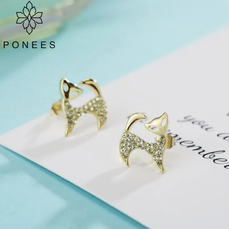 PONEES Elegant Jewelry Gold Color Cute Cat Stud Earrings For Women Brand Fashion Ear Full Of Crystals Gift | Украшения и