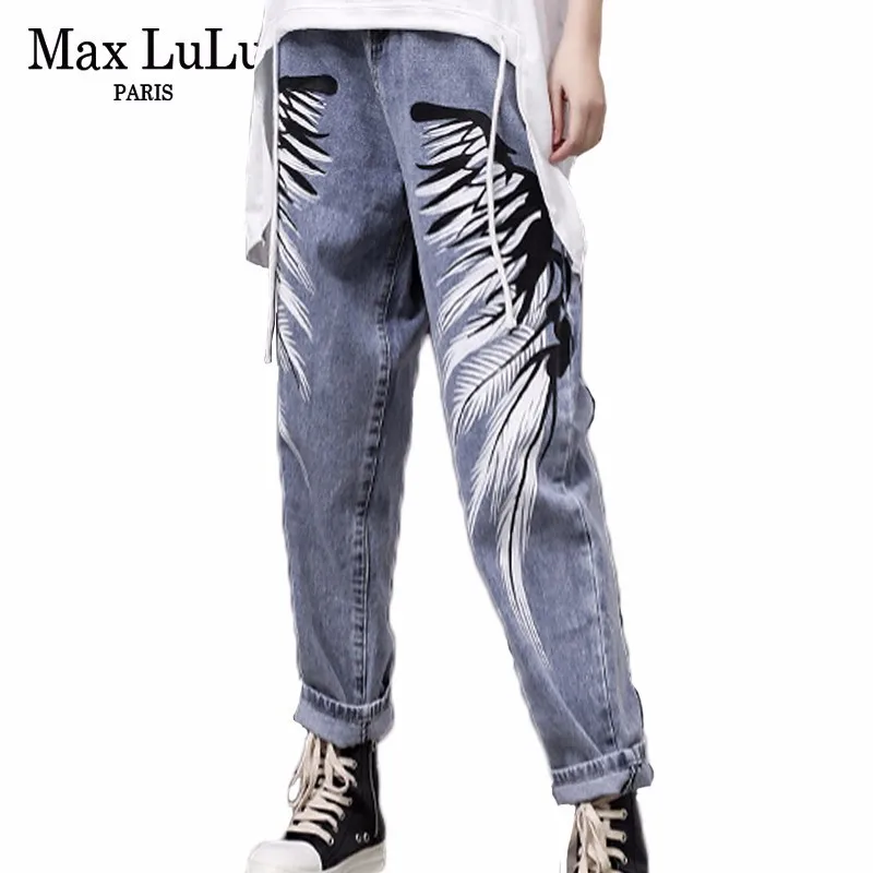 Женские прямые брюки Max LuLu синие джинсы с принтом повседневные джинсовые