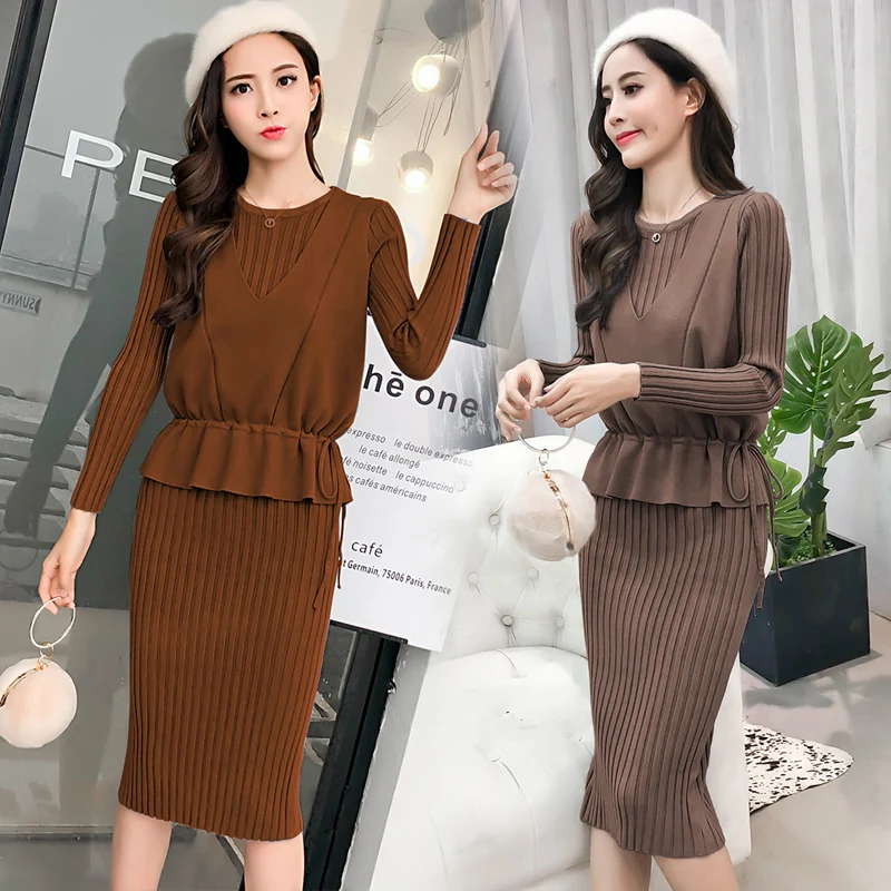 

new leisure knitting pullover vest sweater & bodycon dress 2 pcs clothing set vestidos women knitwear dresses lady autumn suit